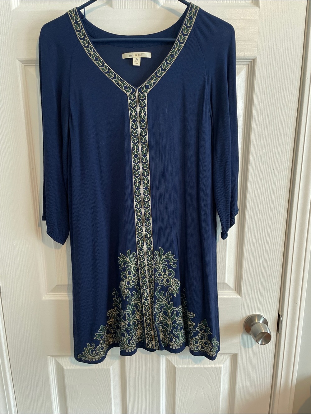 miami Navy Long Sleeve Embroidered Tunic Dress